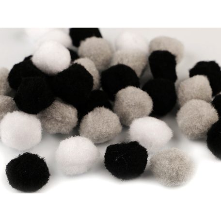 Pompon 20 mm mix csomag , zsenilia golyó, 70 db / csomag . Díszítő kellék : fekete-fehér-szürke. Alapkellék.