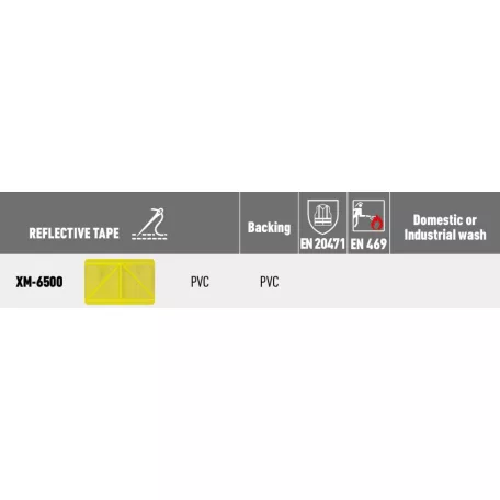 Varrható fényvisszaverő szalag PVC XM-6500 Yellow 50 mm. Vízálló. 75 x mosható. 5 métertől. Varrható.